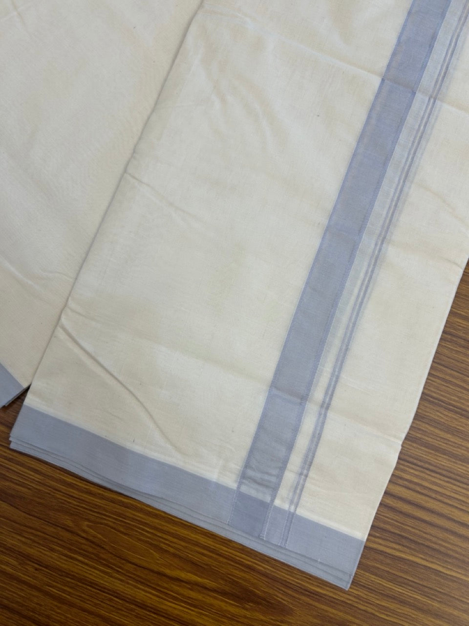 20% DISCOUNT ! KaithariKada 100% Cotton OFF WHITE (Unbleached) Double Dhoti/Mundu- 100X100 - 1.25 inch Light Ash Blue Shaded Kara 4.50 Meters (10 Muzham) - 21 KK5257 ASH