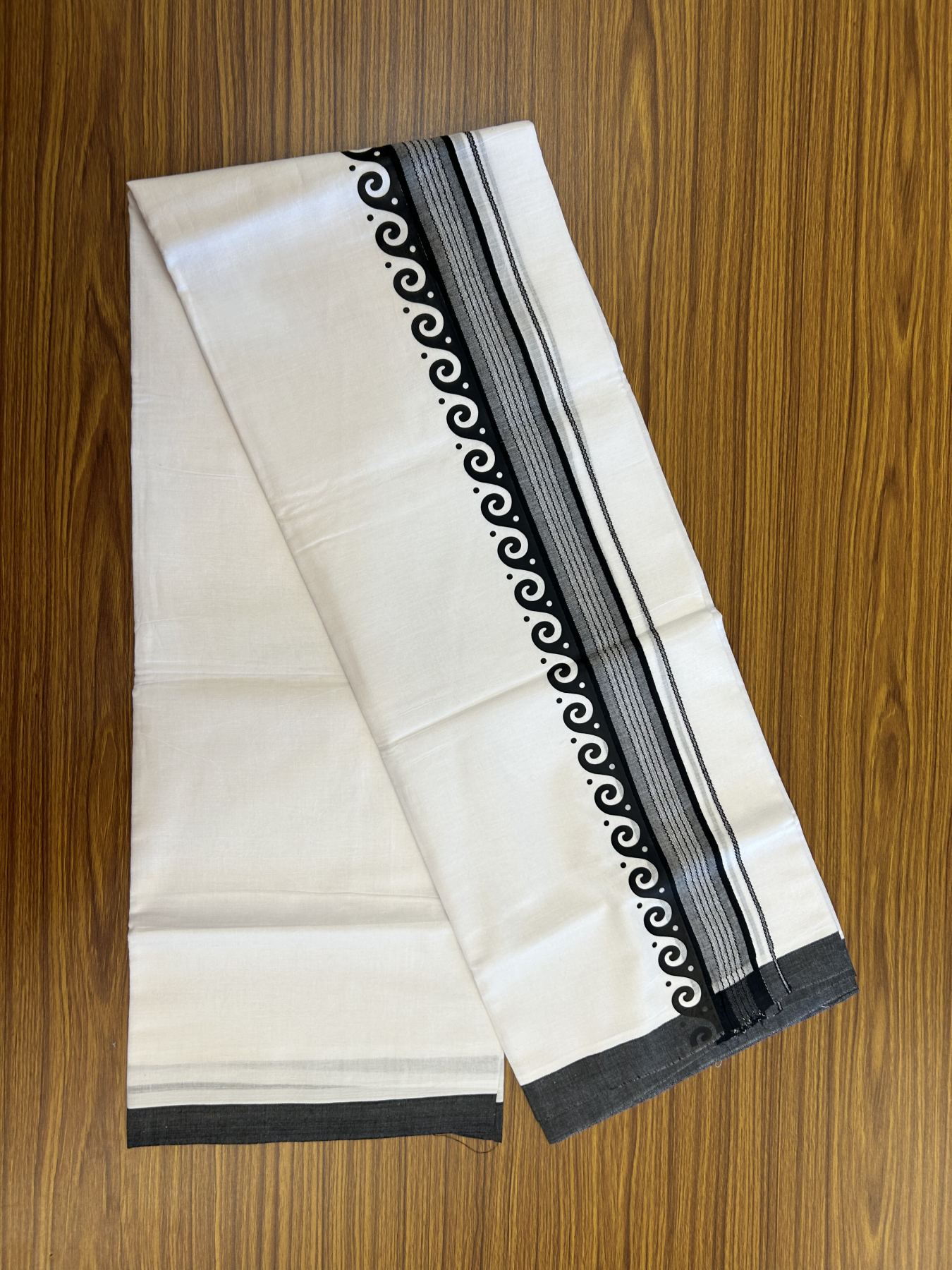 20% Discount ! KaithariKada Balaramapuram Cotton Double Pure white Mundu/Dhoti- 80s - 2.5 inch Dark Black Printed Shade Stripes Design Kara - 3.65 mtr (8 muzham) - 44 KK5329 GAN