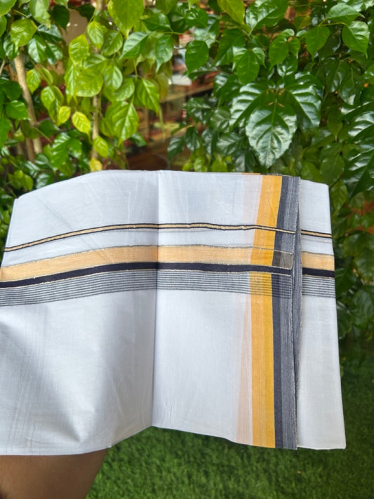 20% DISCOUNT! KaithariKada Balaramapuram 100% Cotton Double Pure white Mundu/Dhoti- 100x80 - 1.5 inch Silver Kasavu Navy Blue & Orange Yellow Shaded Striped Kara - 3.86mtr ( 8 muzham) - 33KK5227 PMC
