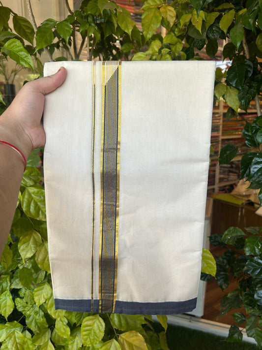 20% DISCOUNT! KaithariKada Balaramapuram 100% Cotton Double Off white - (Unbleached) Mundu/Dhoti-100x100 Chutty Heavy Designer Navy Blue & Kasavu 1.25 inch Kara- 1KK5088ASH
