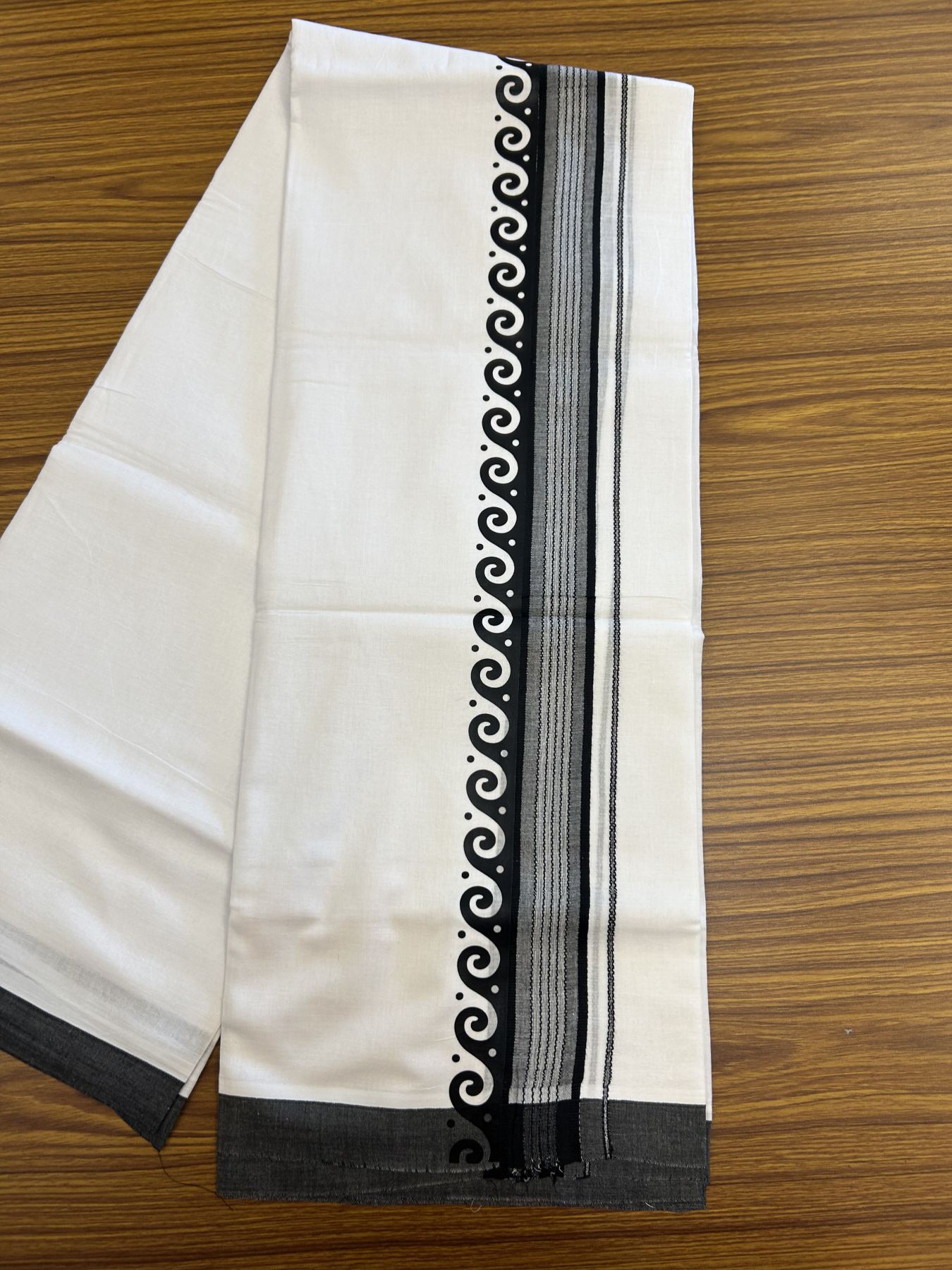 20% Discount ! KaithariKada Balaramapuram Cotton Double Pure white Mundu/Dhoti- 80s - 2.5 inch Dark Black Printed Shade Stripes Design Kara - 3.65 mtr (8 muzham) - 44 KK5329 GAN