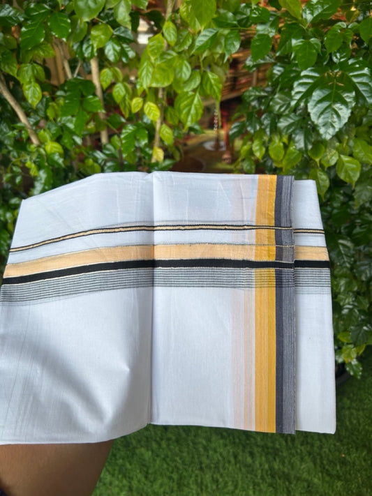 20% DISCOUNT! KaithariKada Balaramapuram 100% Cotton Double Pure white Mundu/Dhoti- 100x80 - 1.5 inch Silver Kasavu Black & Orange Yellow Shaded Striped Kara - 3.86mtr ( 8 muzham) - 34KK5227 PMC