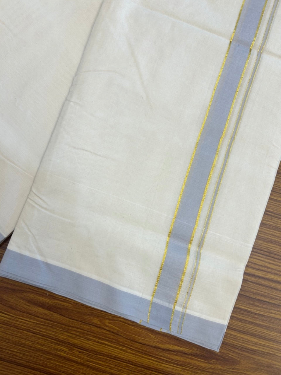 20% DISCOUNT ! KaithariKada 100% Cotton OFF WHITE (Unbleached) Double Dhoti/Mundu- 100X100 - 1.25 inch Gold Kasav & Light Ash Blue Shaded Kara 4.50 Meters (10 Muzham) - 22 KK5257 ASH