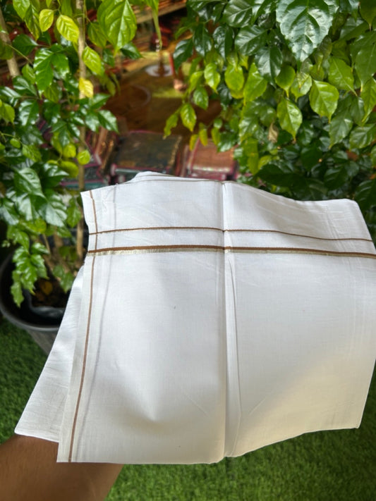 32% DISCOUNT! KaithariKada Balaramapuram 100% Cotton Double Pure white Mundu/Dhoti- 60s - 0.5 cm Silver Kasavu & Walnut Brown Kara - 3.90mtr ( 8 muzham) - 44KK5227 PMC