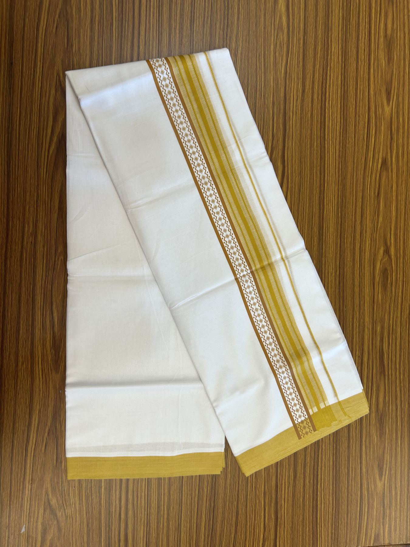 20% Discount ! KaithariKada Balaramapuram Cotton Double Pure white Mundu/Dhoti- 80s - 2.5 inch Mustard yellow Printed Shade Stripes Design Kara - 3.65 mtr (8 muzham) - 28 KK5329 GAN