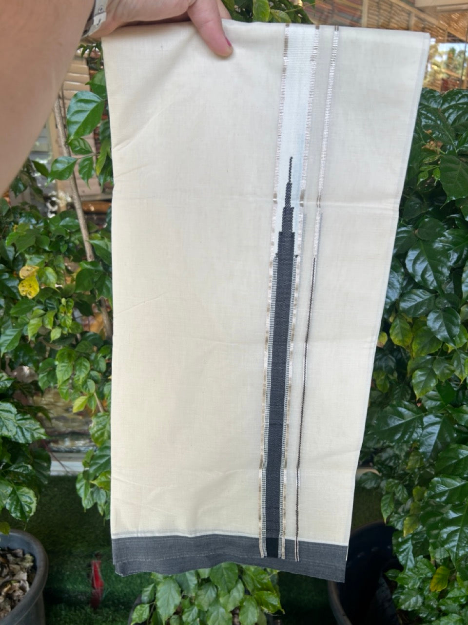 20% Discount !! KaithariKada Balaramapuram 100% Cotton Double Off White - (Unbleached) Mundu/Dhoti- 100x100 - 1 inch Heavy Chutty Silver Kasavu & Black kara - 17 KK5257 ASH