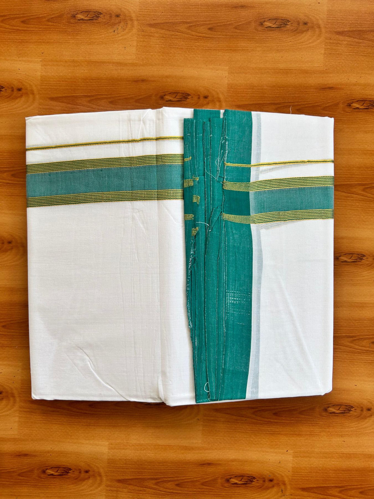 Double Pure White 25% Discount ! KaithariKada Handloom Millpaav - Kerala Handloom - 100% Pure Cotton - 80x90 - 1.5 Inch Gold Kasav & Teal Green Kara 3.90 mtr (8.36 Muzham) - 5 KK5496 YAR