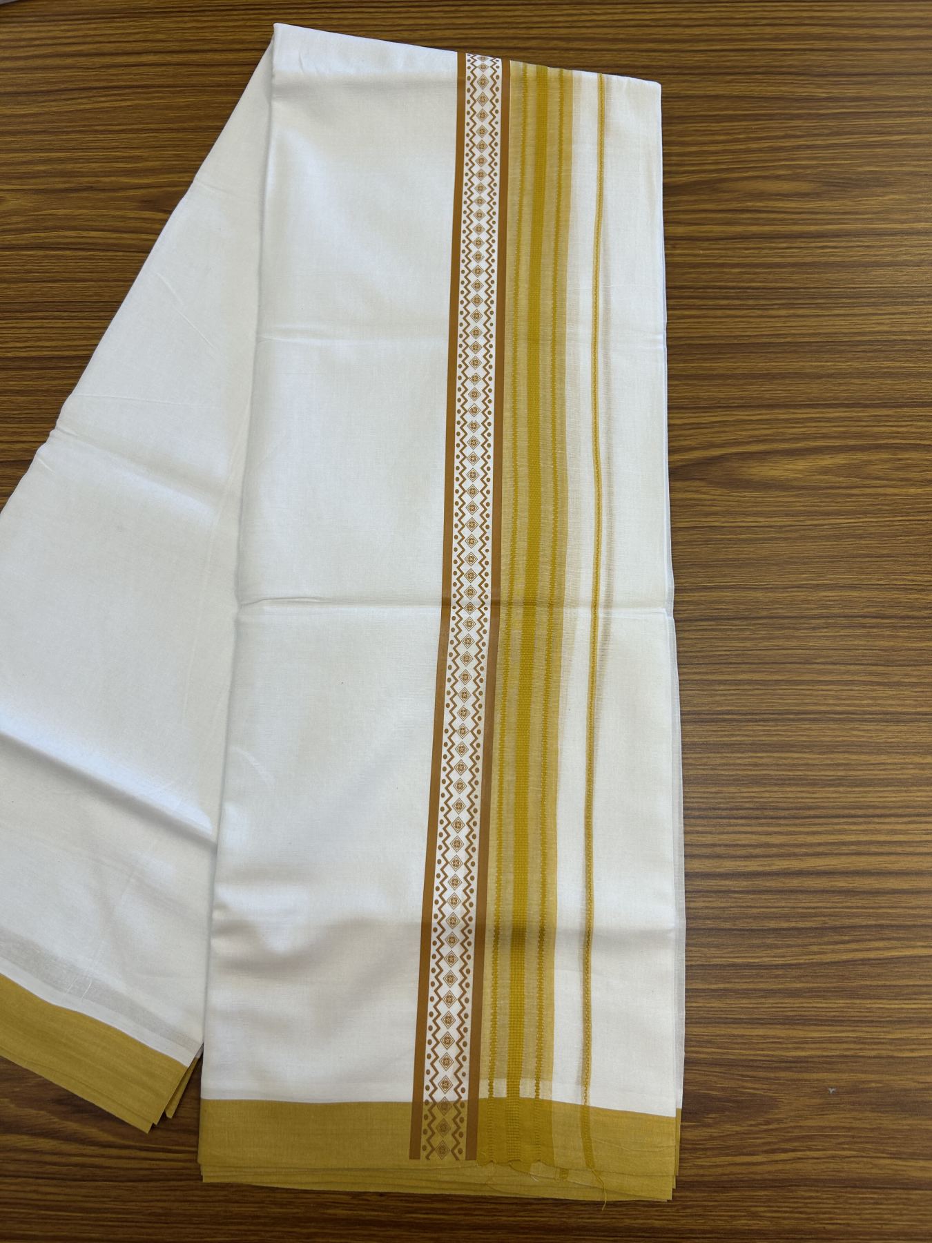 20% Discount ! KaithariKada Balaramapuram Cotton Double Pure white Mundu/Dhoti- 80s - 2.5 inch Mustard yellow Printed Shade Stripes Design Kara - 3.65 mtr (8 muzham) - 28 KK5329 GAN
