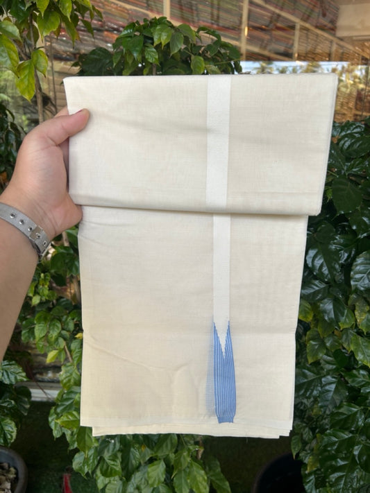 20% Discount ! KaithariKada Balaramapuram 100% Cotton Double Off White (Unbleached) Mundu/Dhoti- 100x100 - 0.75 inch Puliyilakkara Light Blue Striped Chutty Kara - 15 KK5257 ASH