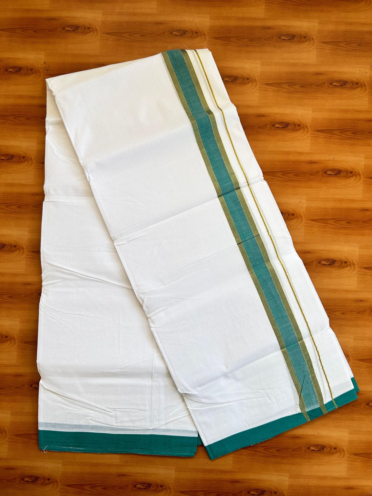Double Pure White 25% Discount ! KaithariKada Handloom Millpaav - Kerala Handloom - 100% Pure Cotton - 80x90 - 1.5 Inch Gold Kasav & Teal Green Kara 3.90 mtr (8.36 Muzham) - 5 KK5496 YAR