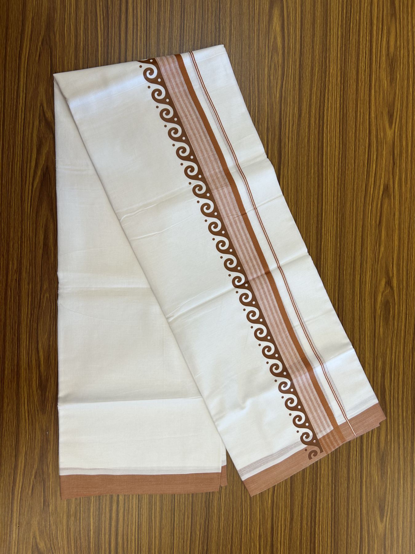 20% Discount ! KaithariKada Balaramapuram Cotton Double Pure white Mundu/Dhoti- 80s - 2.5 inch Brown Printed Shade Stripes Design Kara - 3.65 mtr (8 muzham) - 40 KK5329 GAN