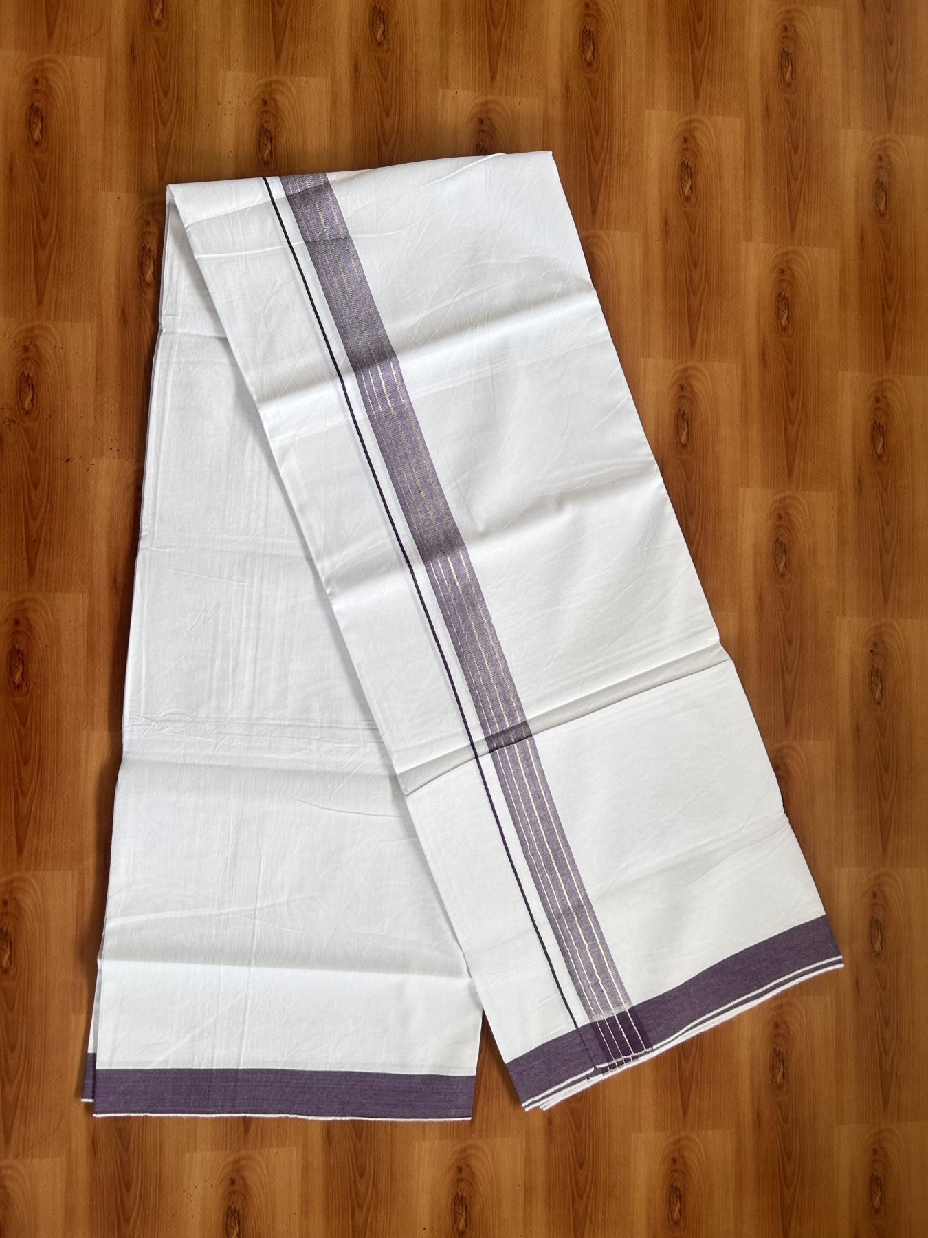 Single Mundu/Dhoti  - Pure White - 29% Discount !! KaithariKada Balaramapuram 100% Cotton - Twisted 60s Thread -1 Inch Silver Kasav & Purple Shaded Striped Kara (2 meter / 4 muzham) - 42 KK5393 GL