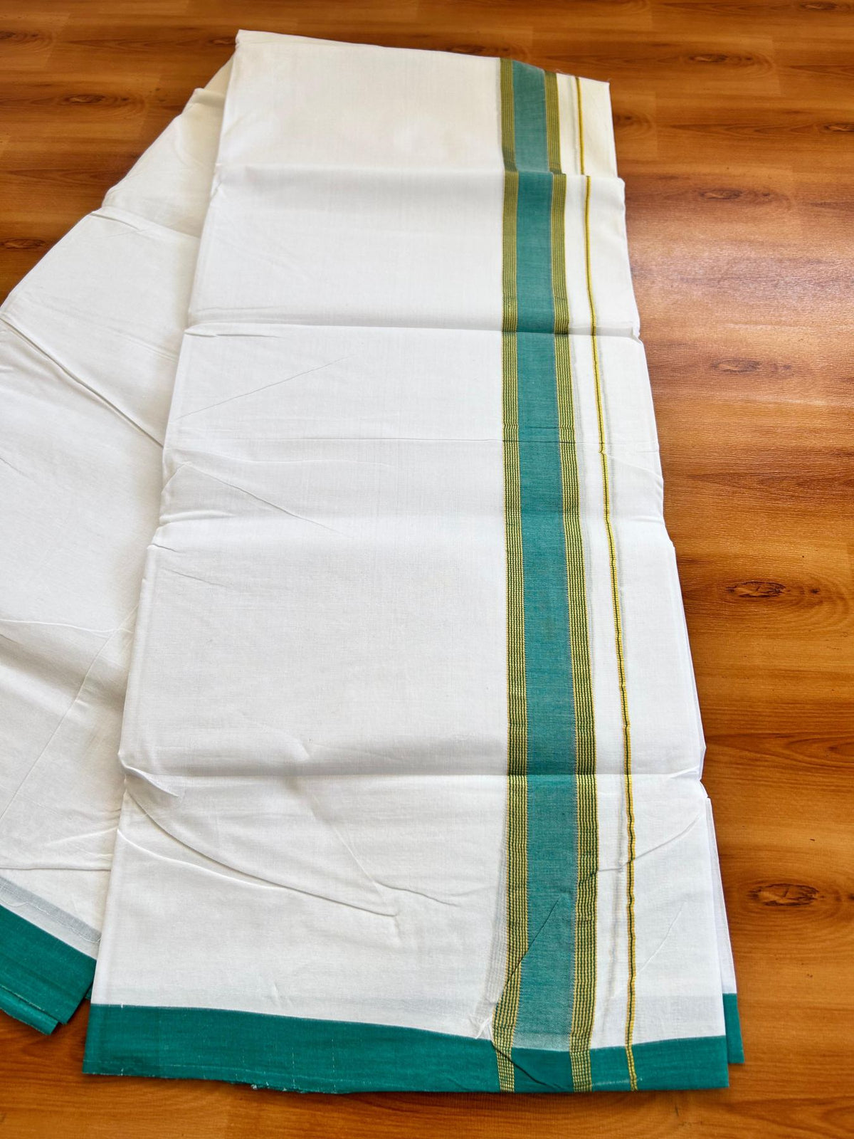 Double Pure White 25% Discount ! KaithariKada Handloom Millpaav - Kerala Handloom - 100% Pure Cotton - 80x90 - 1.5 Inch Gold Kasav & Teal Green Kara 3.90 mtr (8.36 Muzham) - 5 KK5496 YAR