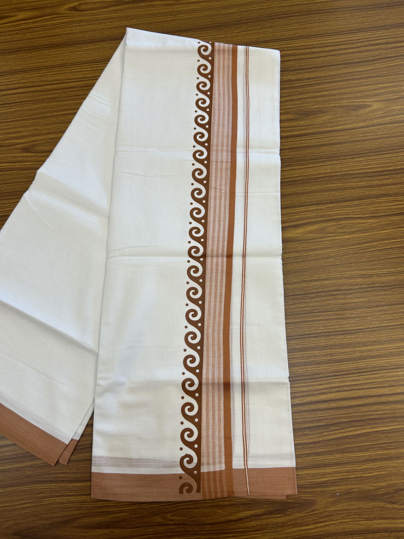 20% Discount ! KaithariKada Balaramapuram Cotton Double Pure white Mundu/Dhoti- 80s - 2.5 inch Brown Printed Shade Stripes Design Kara - 3.65 mtr (8 muzham) - 40 KK5329 GAN