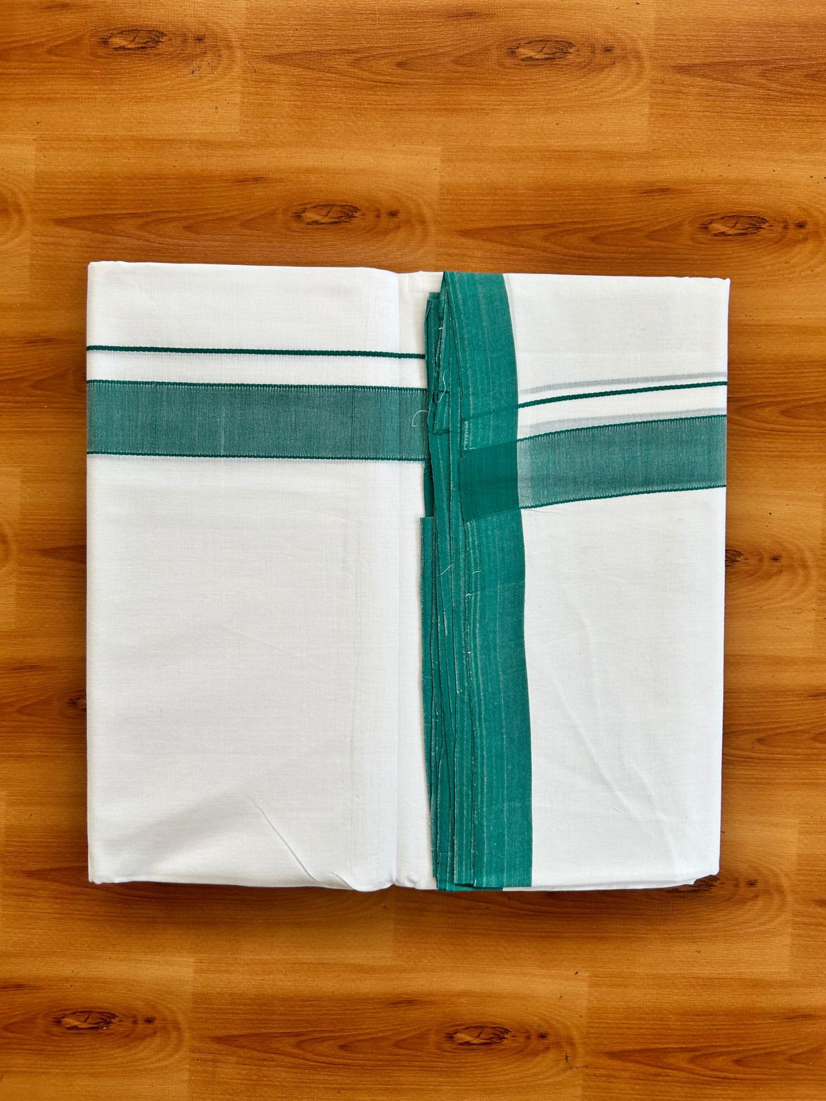 Double Pure White 25% Discount ! KaithariKada Handloom Unakkupaav  - Kerala Handloom - 100% Pure Cotton - 100X90 - 1 Inch Teal Green Kara 3.90 mtr (8.36 Muzham) - 4 KK5496 YAR