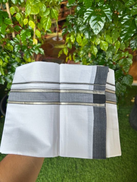 20% DISCOUNT! KaithariKada Balaramapuram 100% Cotton Double Pure white Mundu/Dhoti- 60s - 1.5 inch Silver Kasavu & Black Shaded Kara - 3.86mtr ( 8 muzham) - 38KK5227 PMC