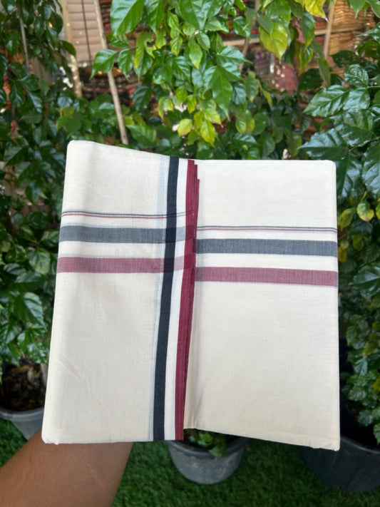 ADMK VESHTI - 20% Discount ! KaithariKada 100% Cotton off white Double - (Unbleached) Mundu/Dhoti - 100X100 - 1.75 inch Black White & Maroon Shaded kara - 23 KK5257 ASH