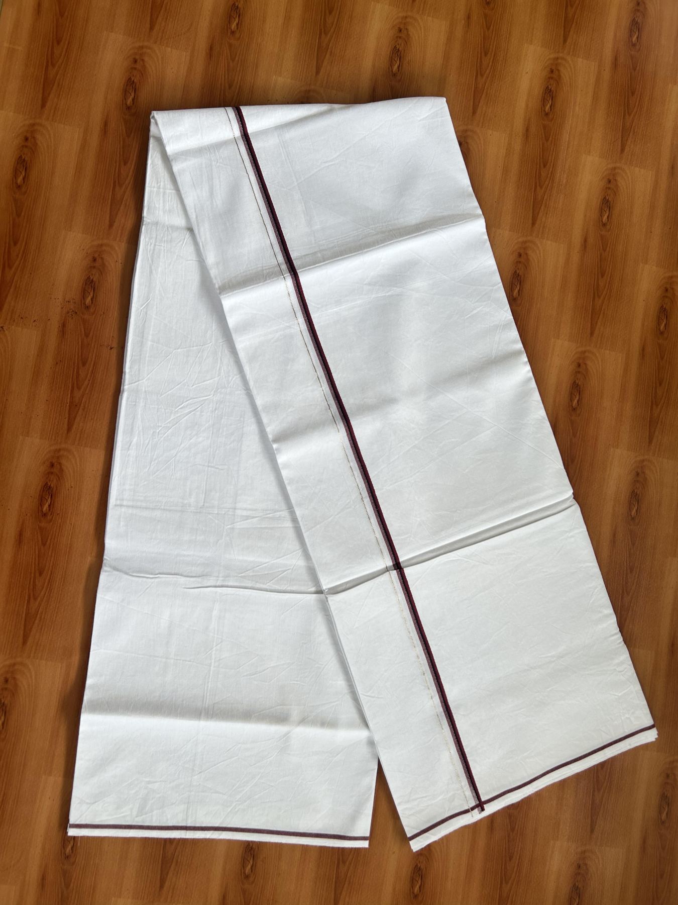Single Mundu/Dhoti  - Pure White - 29% Discount !! KaithariKada Balaramapuram 100% Cotton - Twisted 60s Thread - 0.5 Cm Silver Kasav & Black & Light Maroon Shaded Striped Kara (2 meter / 4 muzham) - 65 KK5393 GL