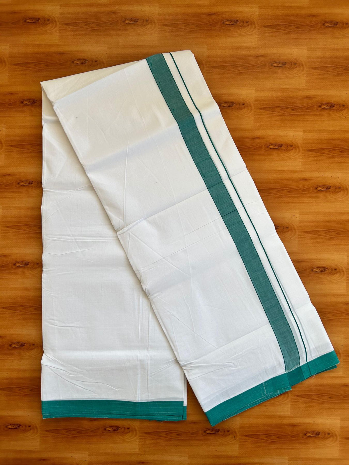 Double Pure White 25% Discount ! KaithariKada Handloom Unakkupaav  - Kerala Handloom - 100% Pure Cotton - 100X90 - 1 Inch Teal Green Kara 3.90 mtr (8.36 Muzham) - 4 KK5496 YAR