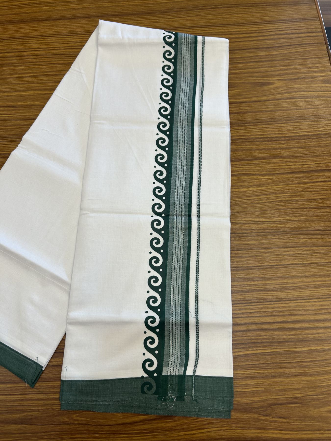 20% Discount ! KaithariKada Balaramapuram Cotton Double Pure white Mundu/Dhoti- 80s - 2.5 inch Bottle Green Printed Shade Stripes Design Kara - 3.65 mtr (8 muzham) - 42 KK5329 GAN
