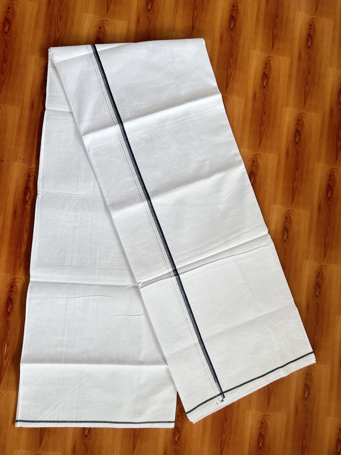 Single Mundu/Dhoti  - Pure White - 29% Discount !! KaithariKada Balaramapuram 100% Cotton - Twisted 60s Thread - 0.5 Cm Silver Kasav & Brown & Navy Blue Shaded Striped Kara (2 meter / 4 muzham) - 67 KK5393 GL