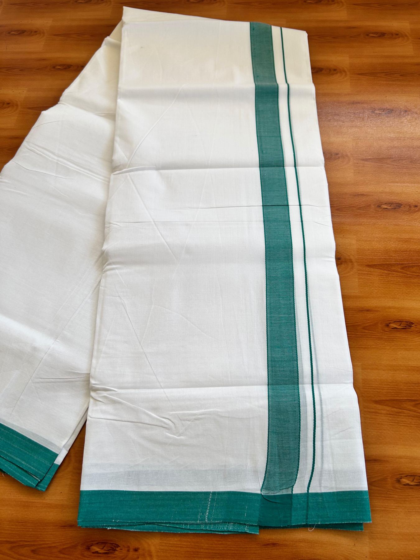 Double Pure White 25% Discount ! KaithariKada Handloom Unakkupaav  - Kerala Handloom - 100% Pure Cotton - 100X90 - 1 Inch Teal Green Kara 3.90 mtr (8.36 Muzham) - 4 KK5496 YAR