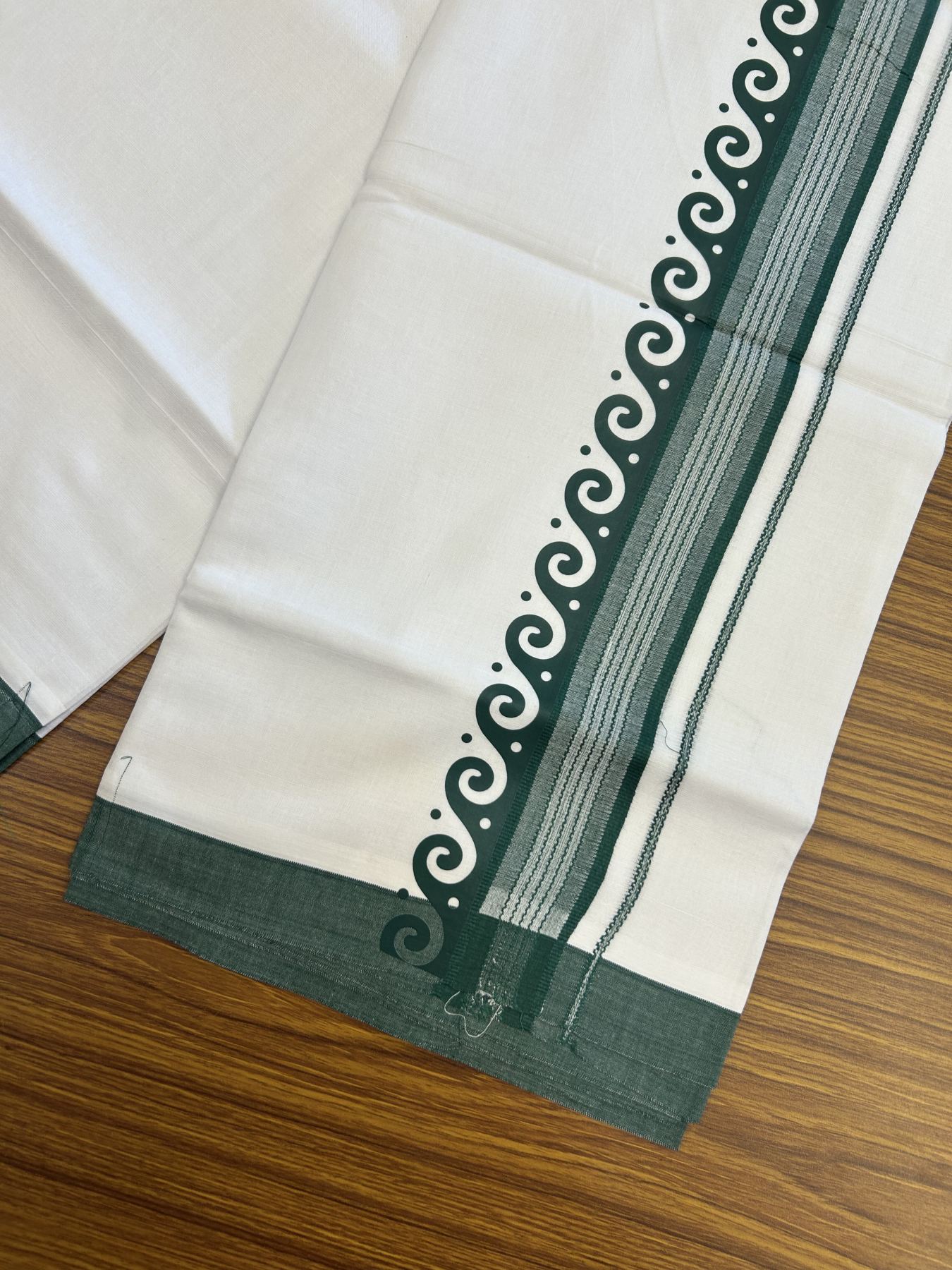 20% Discount ! KaithariKada Balaramapuram Cotton Double Pure white Mundu/Dhoti- 80s - 2.5 inch Bottle Green Printed Shade Stripes Design Kara - 3.65 mtr (8 muzham) - 42 KK5329 GAN