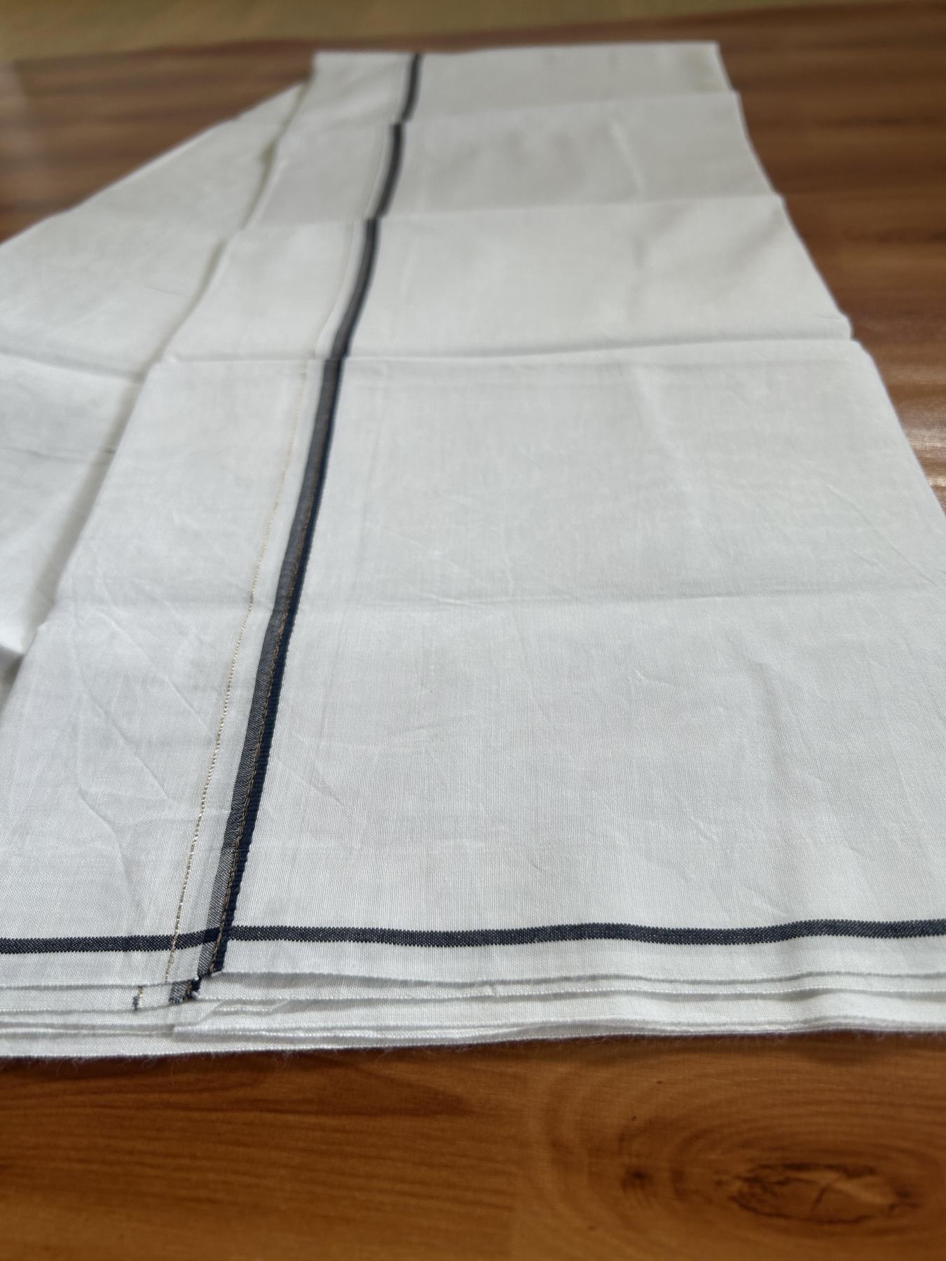Single Mundu/Dhoti  - Pure White - 29% Discount !! KaithariKada Balaramapuram 100% Cotton - Twisted 60s Thread - 0.5 Cm Silver Kasav & Brown & Navy Blue Shaded Striped Kara (2 meter / 4 muzham) - 67 KK5393 GL