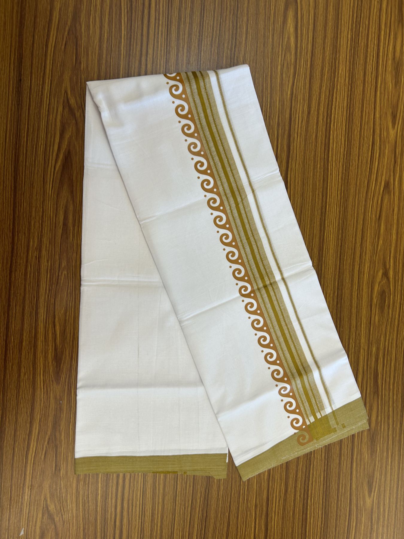 20% Discount ! KaithariKada Balaramapuram Cotton Double Pure white Mundu/Dhoti- 80s - 2.5 inch Mustard Yellow Printed Shade Stripes Design Kara - 3.65 mtr (8 muzham) - 46 KK5329 GAN