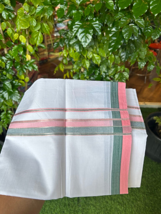 20% DISCOUNT! KaithariKada Balaramapuram 100% Cotton Double Pure white Mundu/Dhoti- 100x80 - 1.25 inch Silver Kasavu Green & Rose Pink Shaded Striped Kara - 3.84mtr ( 8 muzham) - 37KK5227 PMC