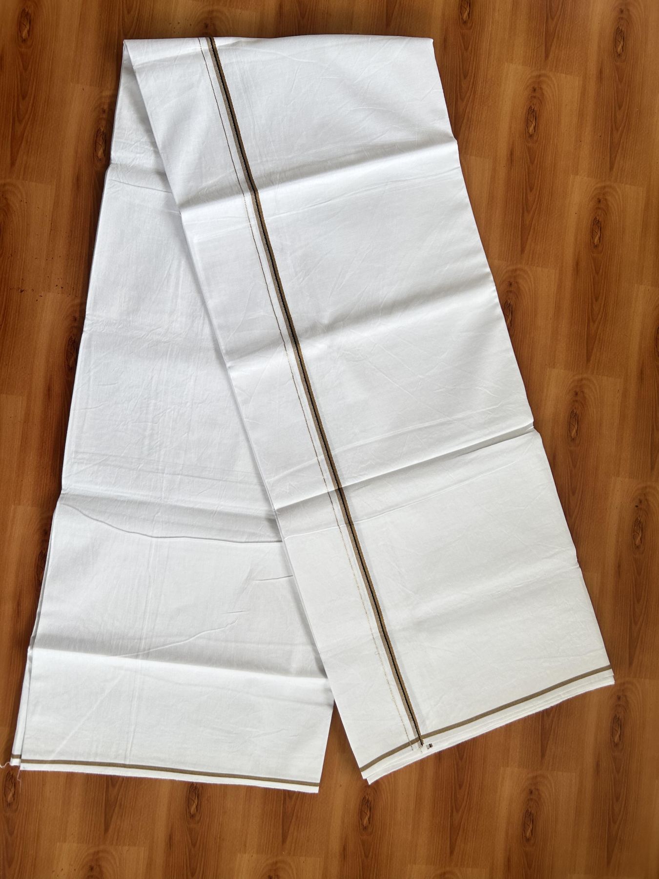 Single Mundu/Dhoti  - Pure White - 29% Discount !! KaithariKada Balaramapuram 100% Cotton - Twisted 60s Thread - 0.5 Cm Silver Kasav & Black & Sand Brown Shaded Striped Kara (2 meter / 4 muzham) - 66 KK5393 GL