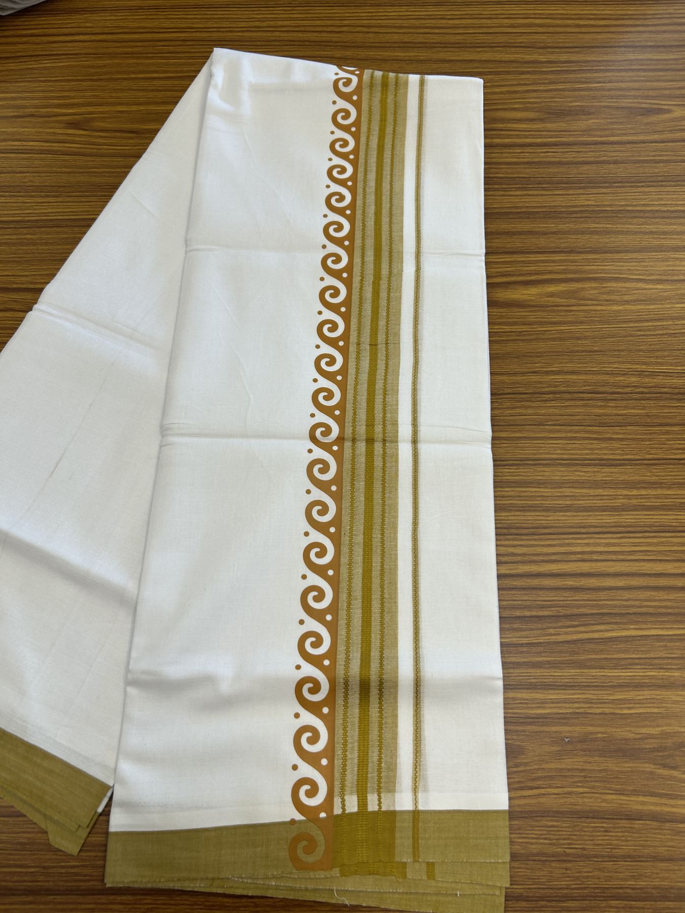 20% Discount ! KaithariKada Balaramapuram Cotton Double Pure white Mundu/Dhoti- 80s - 2.5 inch Mustard Yellow Printed Shade Stripes Design Kara - 3.65 mtr (8 muzham) - 46 KK5329 GAN