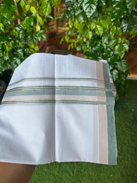 20% DISCOUNT! KaithariKada Balaramapuram 100% Cotton Double Pure white Mundu/Dhoti- 100x80 - 1.5 inch Silver Kasavu Green & Cream Shaded Striped Kara - 3.84mtr ( 8 muzham) - 36KK5227 PMC