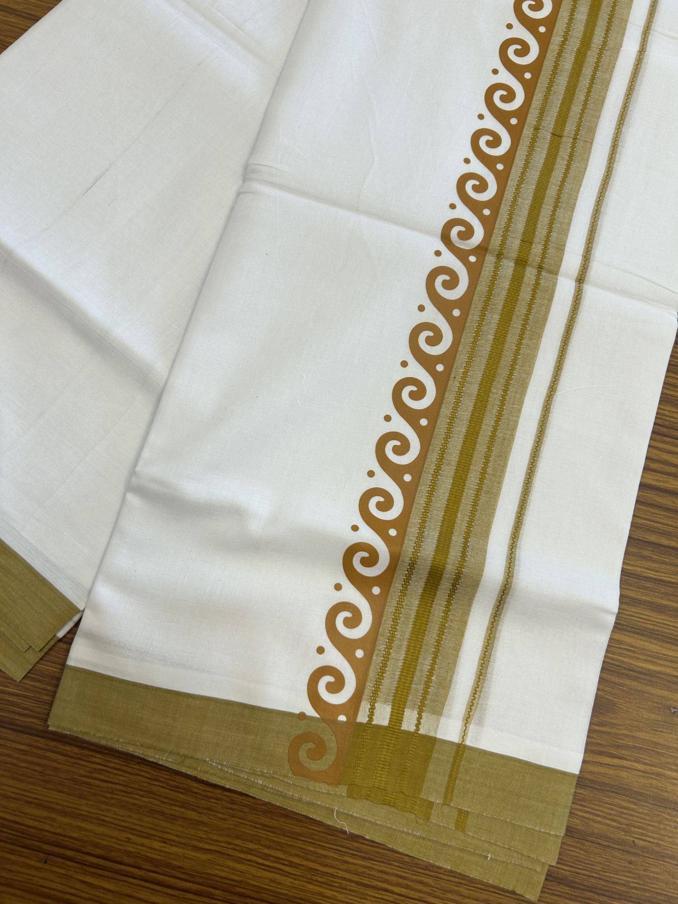 20% Discount ! KaithariKada Balaramapuram Cotton Double Pure white Mundu/Dhoti- 80s - 2.5 inch Mustard Yellow Printed Shade Stripes Design Kara - 3.65 mtr (8 muzham) - 46 KK5329 GAN