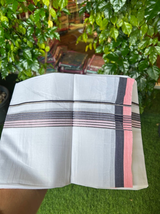20% DISCOUNT! KaithariKada Balaramapuram 100% Cotton Double Pure white Mundu/Dhoti- 100x80 - 1.25 inch Silver Kasavu Navy Blue & Baby Pink Shaded Striped Kara - 3.74mtr ( 8 muzham) - 31KK5227 PMC
