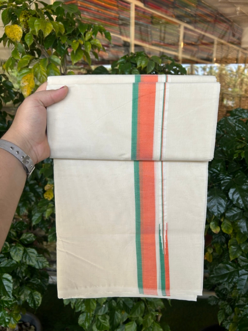 BJP VESHTI - 20% DISCOUNT! KaithariKada 100% Cotton off white Double - (Unbleached) Mundu/Dhoti - 100X100 - 1.25 inch Puliyilakkara Orange & Green Shaded Chutty Kara - 18 KK5257 ASH