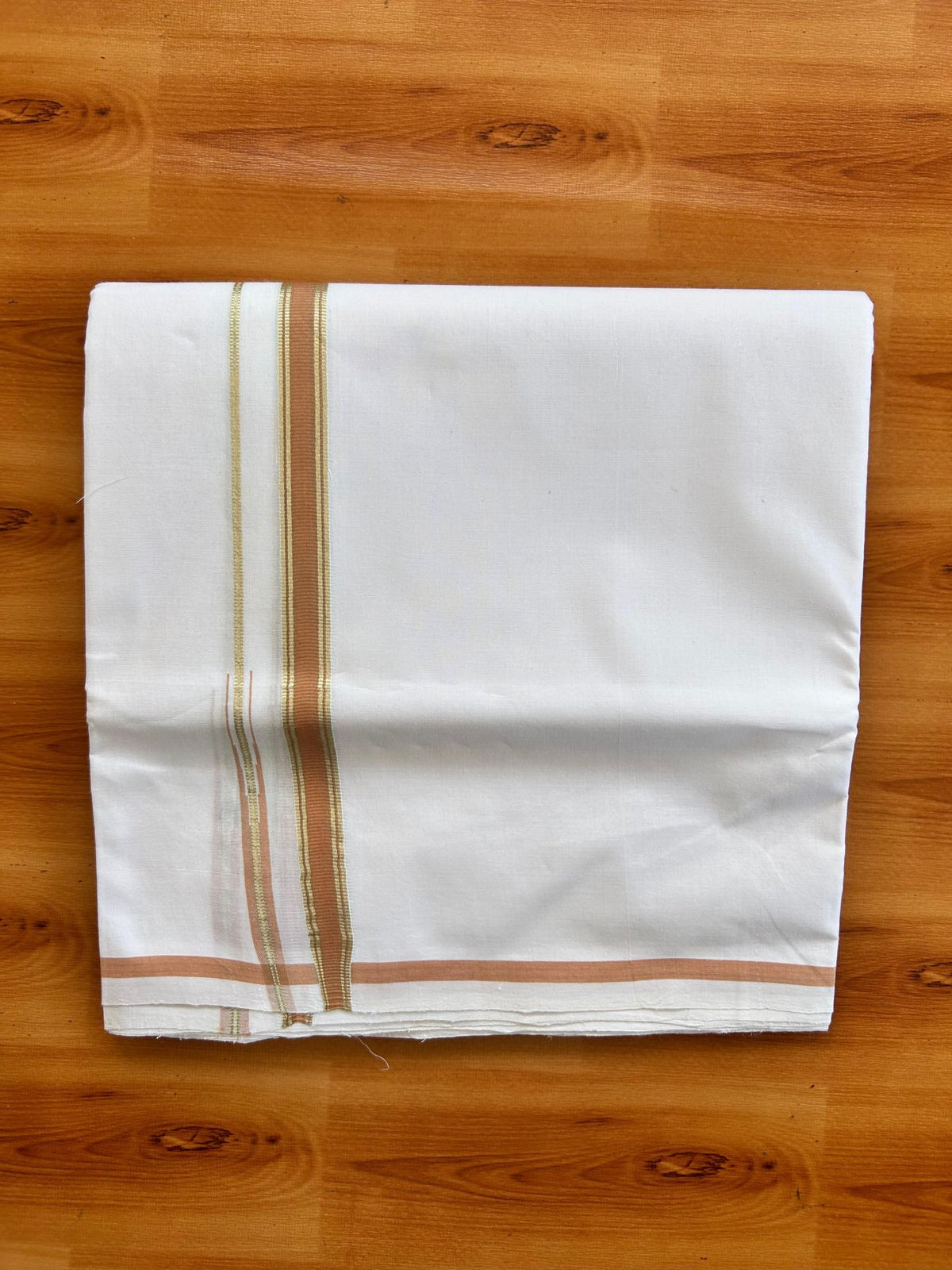 Double Pure White 25% Discount ! KaithariKada Handloom Unakkupaav  - Kerala Handloom - 100% Pure Cotton - 100X90 - 1.5 cm Puliyilakkara Light Gold Kasav & Light Orange Chutty Kara 3.90 mtr (8.36 Muzham) - 2 KK5496 YAR