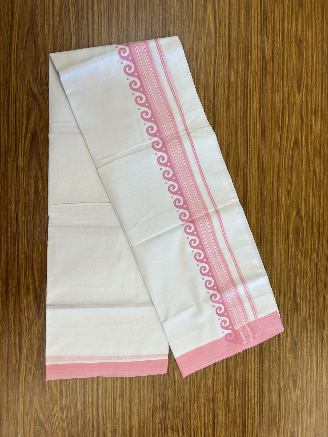 20% Discount ! KaithariKada Balaramapuram Cotton Double Pure white Mundu/Dhoti- 80s - 2.5 inch Baby Pink Printed Shade Stripes Design Kara - 3.65 mtr (8 muzham) - 41 KK5329 GAN
