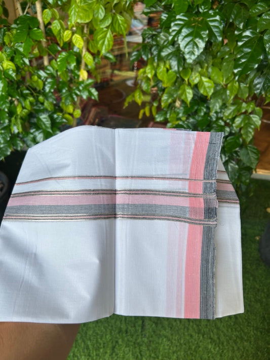 20% DISCOUNT! KaithariKada Balaramapuram 100% Cotton Double Pure white Mundu/Dhoti- 100x80 - 1.75 inch Silver Kasavu Black & Baby Pink Shaded Striped Kara - 3.84mtr ( 8 muzham) - 30KK5227 PMC