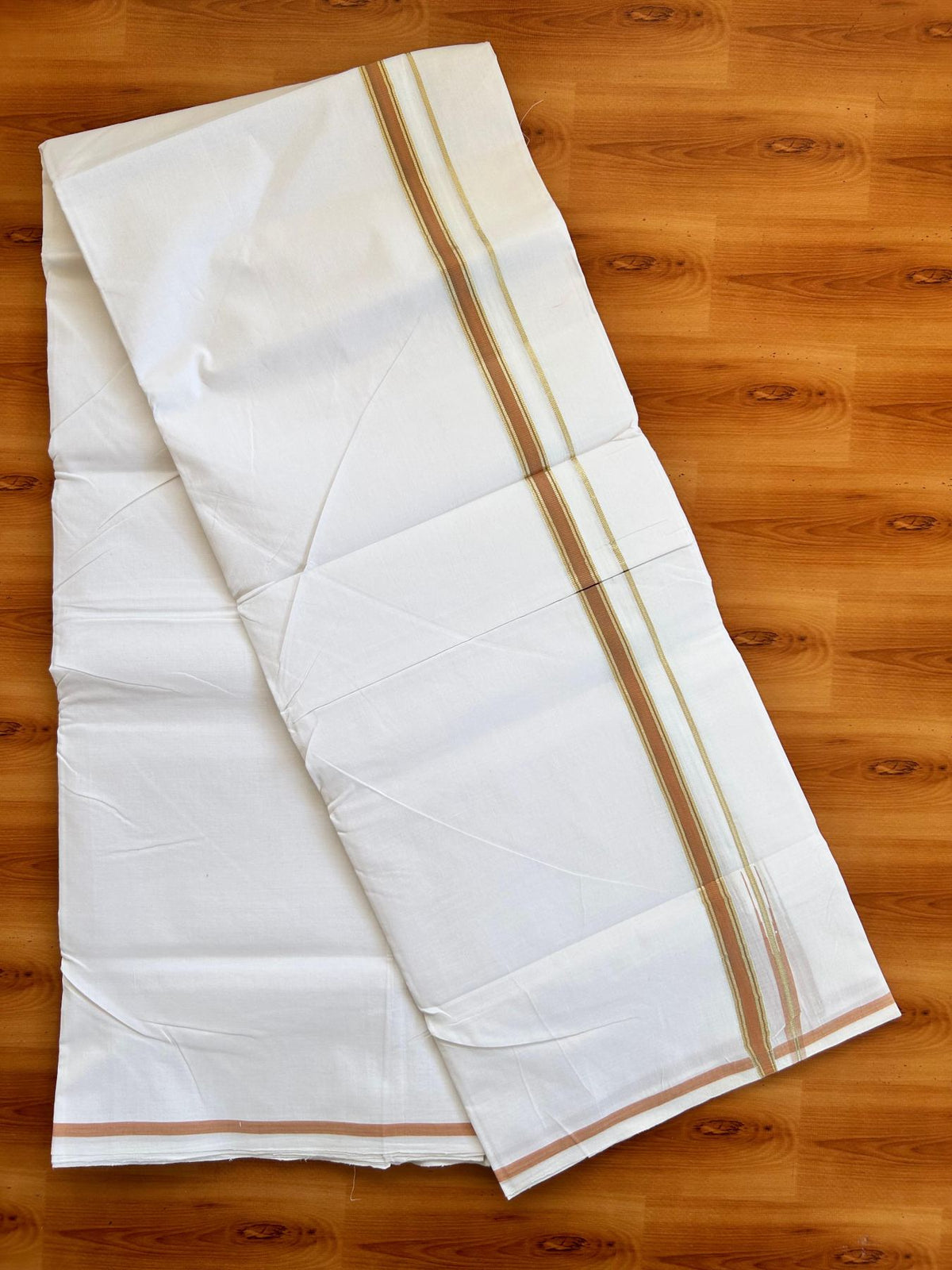 Double Pure White 25% Discount ! KaithariKada Handloom Unakkupaav  - Kerala Handloom - 100% Pure Cotton - 100X90 - 1.5 cm Puliyilakkara Light Gold Kasav & Light Orange Chutty Kara 3.90 mtr (8.36 Muzham) - 2 KK5496 YAR