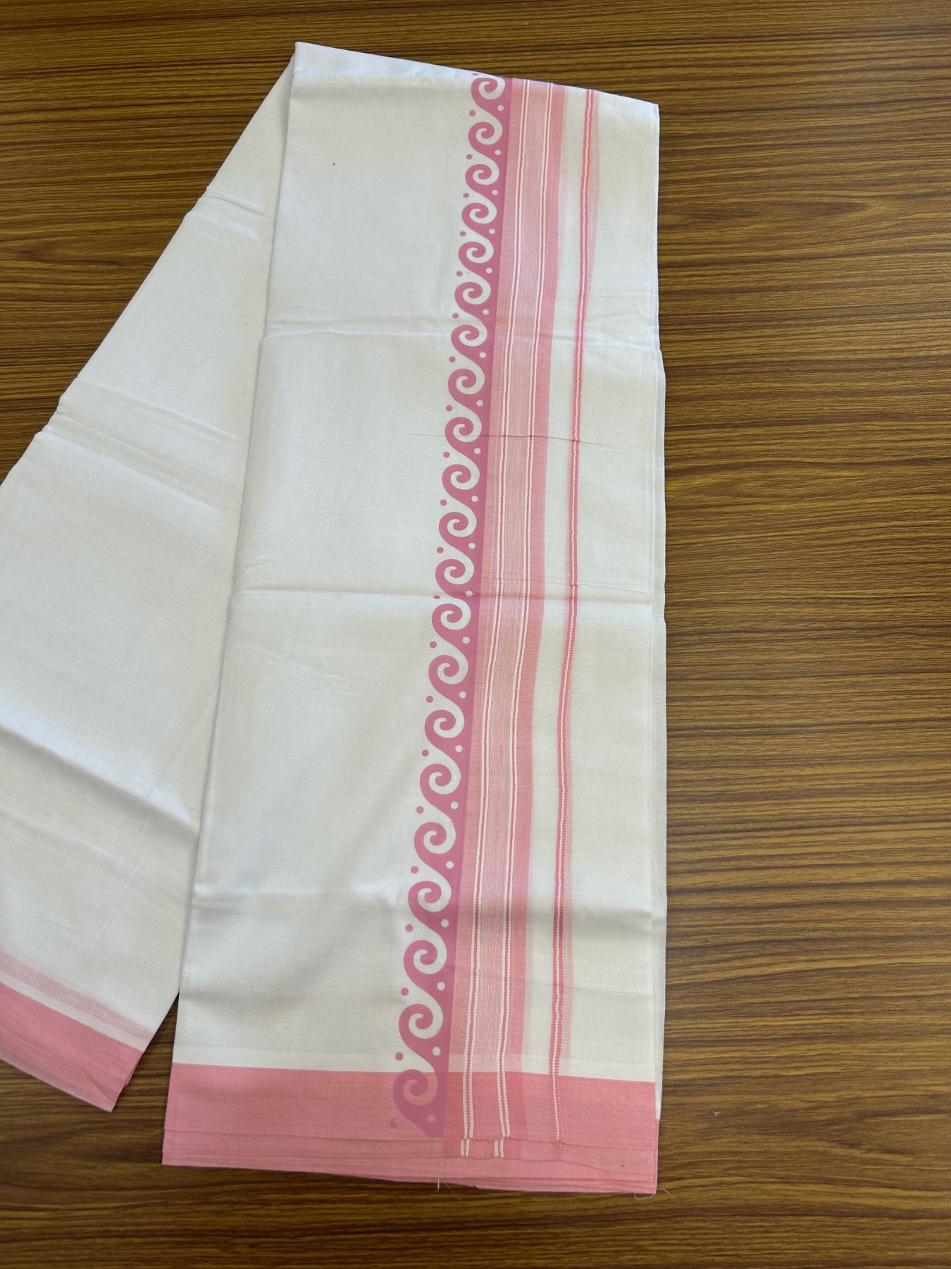 20% Discount ! KaithariKada Balaramapuram Cotton Double Pure white Mundu/Dhoti- 80s - 2.5 inch Baby Pink Printed Shade Stripes Design Kara - 3.65 mtr (8 muzham) - 41 KK5329 GAN