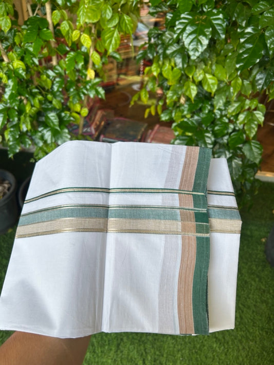 20% DISCOUNT! KaithariKada Balaramapuram 100% Cotton Double Pure white Mundu/Dhoti- 100x80 - 1.5 inch Silver Kasavu Green & Light Brown Shaded Striped Kara - 3.84mtr ( 8 muzham) - 29KK5227 PMC