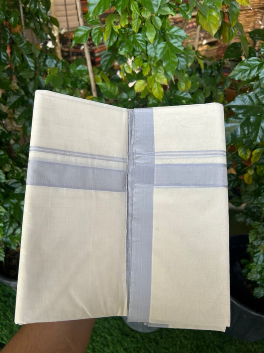 20% DISCOUNT ! KaithariKada 100% Cotton OFF WHITE (Unbleached) Double Dhoti/Mundu- 100X100 - 1.25 inch Light Ash Blue Shaded Kara 4.50 Meters (10 Muzham) - 21 KK5257 ASH