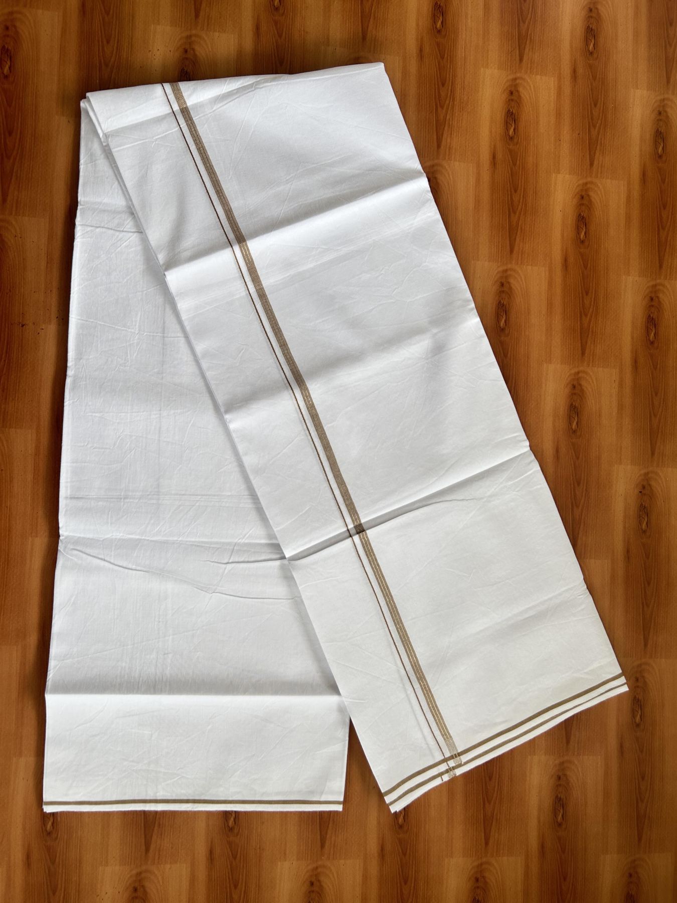 Single Mundu/Dhoti  - Pure White - 29% Discount !! KaithariKada Balaramapuram 100% Cotton - Twisted 60s Thread - 0.5 Cm Silver Kasav & Sand Brown Shaded Striped Kara (2 meter / 4 muzham) - 48 KK5393 GL