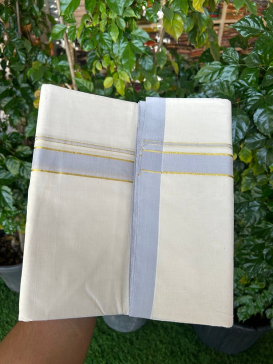 20% DISCOUNT ! KaithariKada 100% Cotton OFF WHITE (Unbleached) Double Dhoti/Mundu- 100X100 - 1.25 inch Gold Kasav & Light Ash Blue Shaded Kara 4.50 Meters (10 Muzham) - 22 KK5257 ASH