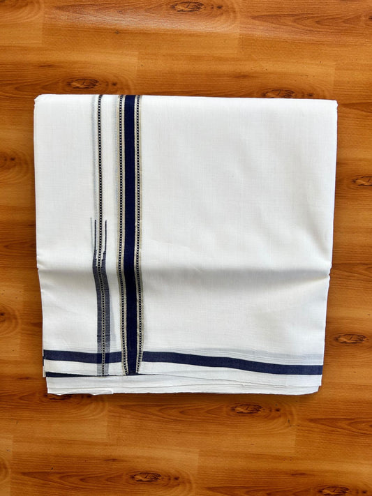 Double Pure White 25% Discount ! KaithariKada Handloom Unakkupaav  - Kerala Handloom - 100% Pure Cotton - 100X90 - 2 cm Puliyilakkara Silver Kasav & Navy Blue Chutty Kara 3.90 mtr (8.36 Muzham) - 3 KK5496 YAR