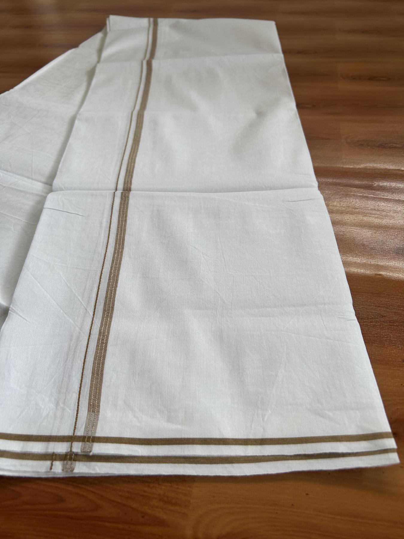 Single Mundu/Dhoti  - Pure White - 29% Discount !! KaithariKada Balaramapuram 100% Cotton - Twisted 60s Thread - 0.5 Cm Silver Kasav & Sand Brown Shaded Striped Kara (2 meter / 4 muzham) - 48 KK5393 GL