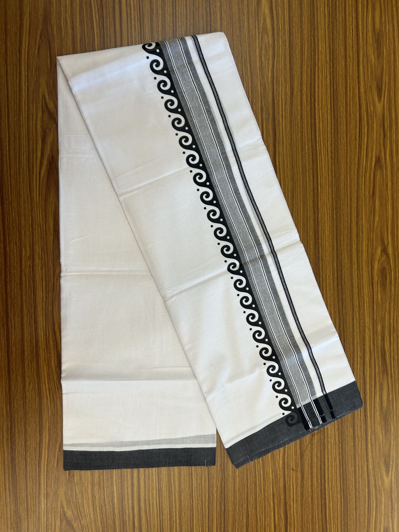 20% Discount ! KaithariKada Balaramapuram Cotton Double Pure white Mundu/Dhoti- 80s - 2.5 inch Black Printed Shade Stripes Design Kara - 3.65 mtr (8 muzham) - 37 KK5329 GAN