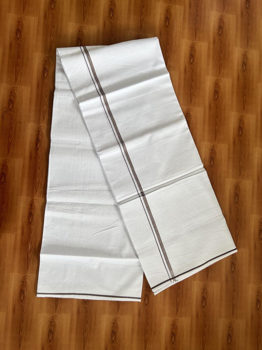 Single Mundu/Dhoti  - Pure White - 29% Discount !! KaithariKada Balaramapuram 100% Cotton - Twisted 60s Thread - 0.5 Cm Silver Kasav & Brown Shaded Striped Kara (2 meter / 4 muzham) - 46 KK5393 GL