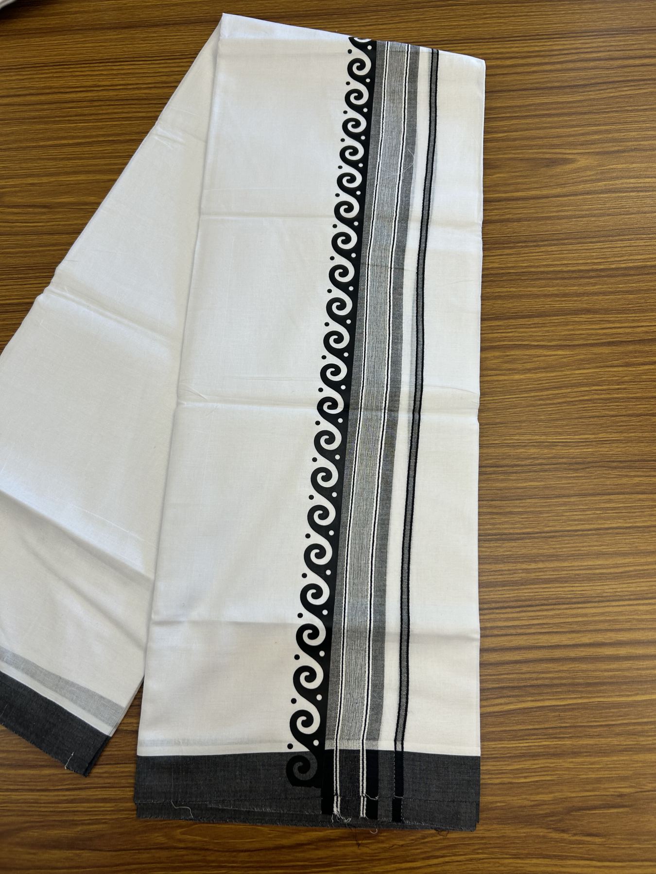 20% Discount ! KaithariKada Balaramapuram Cotton Double Pure white Mundu/Dhoti- 80s - 2.5 inch Black Printed Shade Stripes Design Kara - 3.65 mtr (8 muzham) - 37 KK5329 GAN